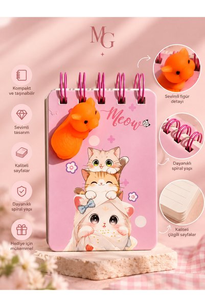 MAISON GLOWEN Kedili Pembe Spiralli Defter – 3D Turuncu Kedi Figürlü Sevimli Tasarım Not Defteri