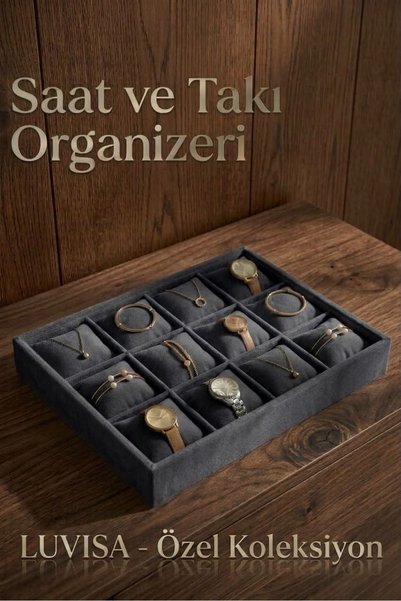 Luvisa 12 Bölmeli Kadife Saat Ve Bileklik Kutusu -Takı Organizeri-Füme
