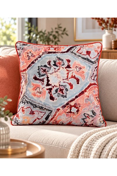 nunuteks evinizi renklendirin Vintage Ethnic Patterned Throw Pillow Cover – Bohemian Throw Pillow with Decorative Piping in Tile, Blue, and Burgundy Tones