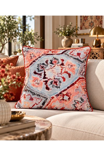 nunuteks evinizi renklendirin Vintage Ethnic Patterned Throw Pillow Cover – Bohemian Throw Pillow with Decorative Piping in Tile, Blue, and Burgundy Tones