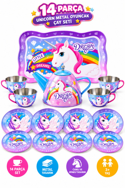 NeoThings 14 Parça Metal Unicorn Çay Seti Oyuncak Çaydanlık Fincan Tabak Teps...