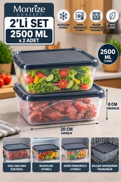 Monrize Concept 2'li 2500 ML Büyük Boy Kare Saklama Kabı Seti Siyah Kapaklı B...