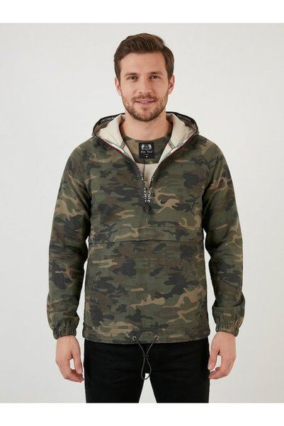 BeHill Hooded Half-Zip Camouflage Denim Kangaroo Jacket