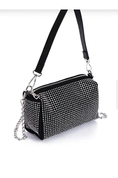 Siyah Taşlı Omuz Çantası – Gümüş Kristal Detaylı, Zincirli Mini Bag