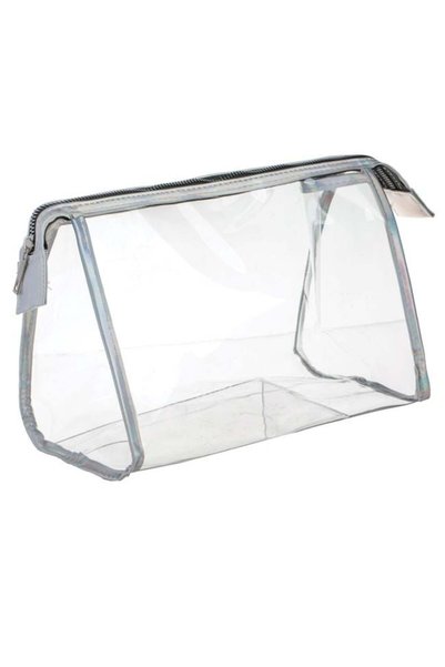SHOPIENS Portfard de machiaj transparent cu margine argintie holografica cu f...