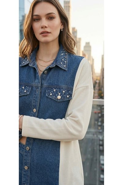 StormWear قميص دينيم مزين بالأحجار مع تفاصيل من القماش المزدوج