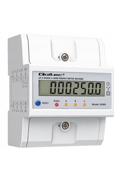 Qoltec 3×230/400V 4P 100A LCD LED DIN35 Contor de energie trifazat 400 impuls...