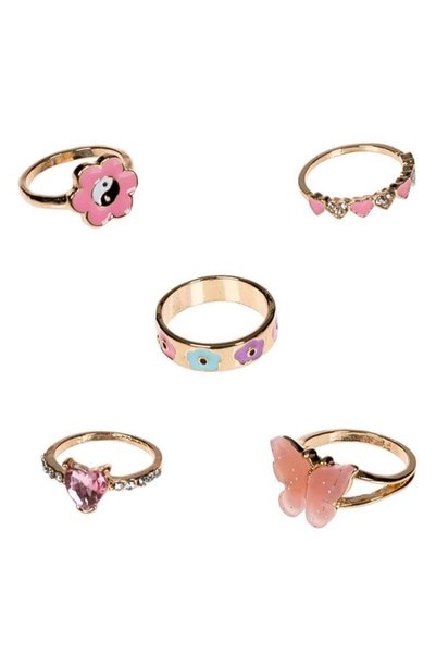 ANTBRO Set 5 Inele Metalice Aurii cu Glitter Model Fluture, Floare, Inimioare...
