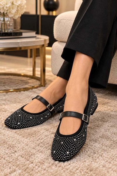 AYAKCİTY Women's Stone Detailed Stylish Flexible Comfortable Buckle Ballerinas