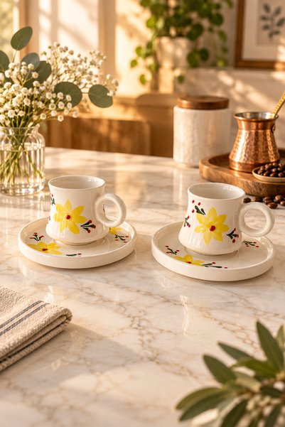 Trouvaille Yellow Floral Patterned Ceramic Turkish Coffee Cup Set for 2 Peopl...