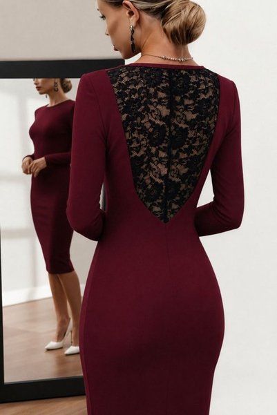Generic Brand Women's long sleeve midi dress with lace detail at the back - i...