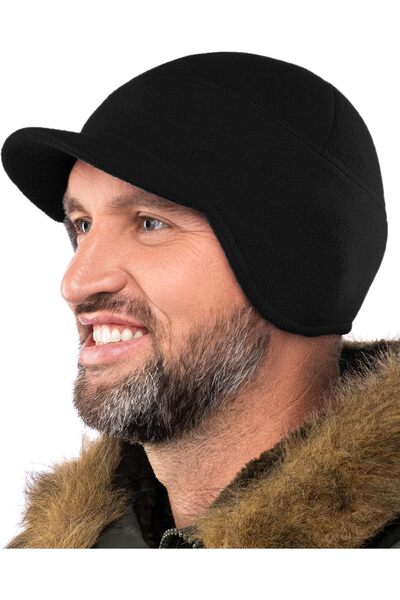 Generic Fleece Winter Beanie with Visor for Men & Women, Earflap Brim Skull C...