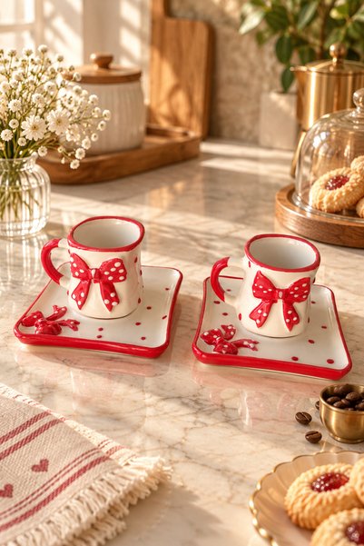 Trouvaille Red Bow Patterned 2-Person Ceramic Turkish Coffee Cup Set 4 Pieces...