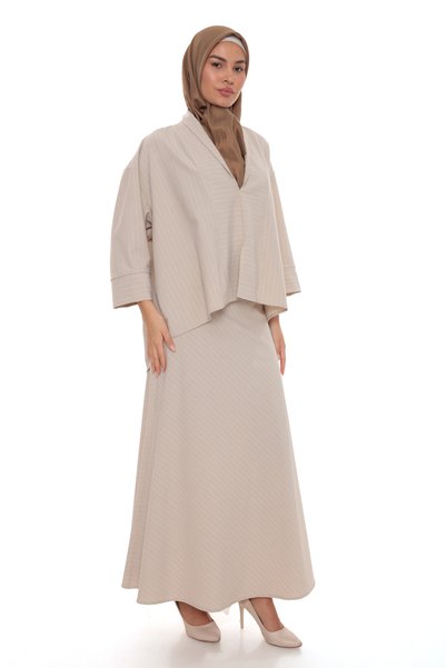 by elmoda Women's Beige Seersucker Fabric Skirted Top and Bottom Two-Piece Set