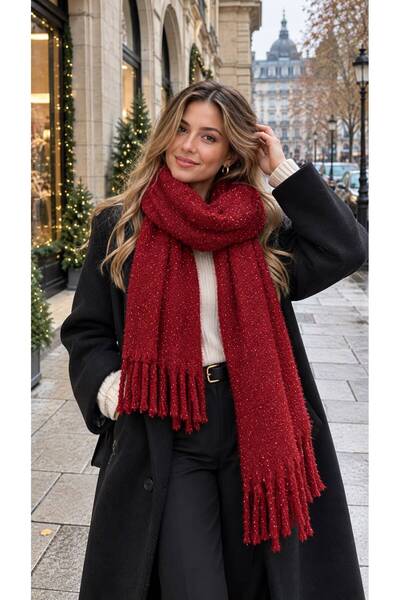 HAZAL KAYA ATELIER Red Shiny Glittery Tasseled Puff Thick Women's Scarf Shawl 45X180 cm