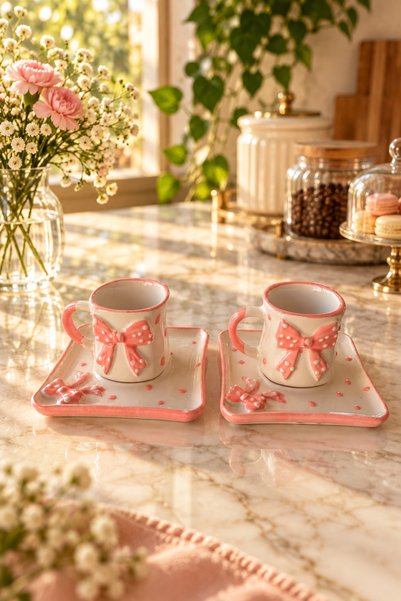 Trouvaille Pink Bow Patterned 2-Person Ceramic Turkish Coffee Cup Set 4 Piece...