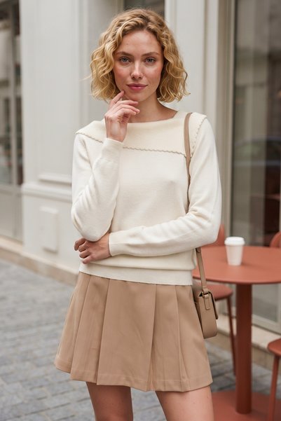 Chiccy Ecru Asymmetrical Collar Long Sleeve Sectioned Piece Knitwear Ribbed H...