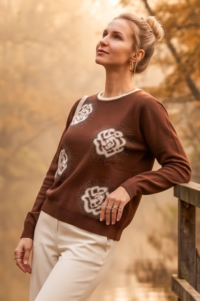 Chiccy Pulover casual din tricot cu mânecă lungă, decolteu rotund, maro, cu i...