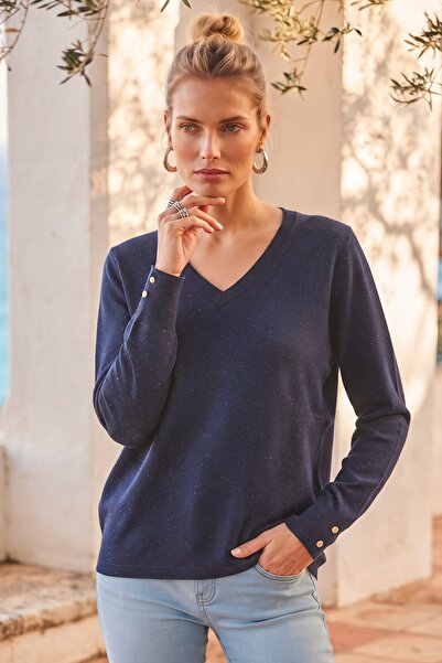 Chiccy Pulover tricotat casual, albastru marin, cu decolteu în V, mâneci cu m...