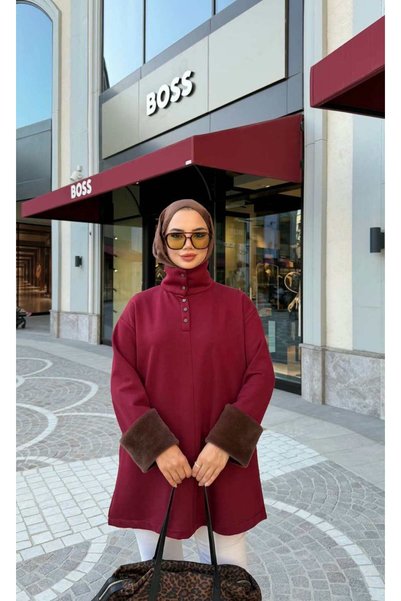 WOHOME تونيك/سترة نسائية بتفاصيل من الفرو وياقة عالية وأزرار، مقاس كبير، مناسبة للحجاب