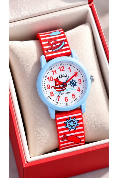 Q&Q 10 Atm Pool Sea Use-Red Silicone Cord Numbered Children's Wristwatch+Bracelet