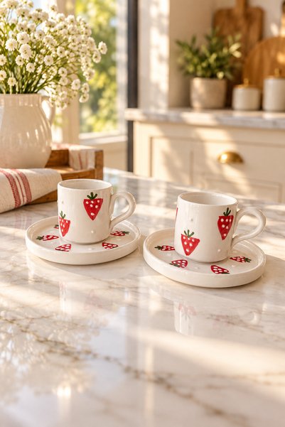 Trouvaille Strawberry Patterned Ceramic Turkish Coffee Cup Set for 2 People, ...