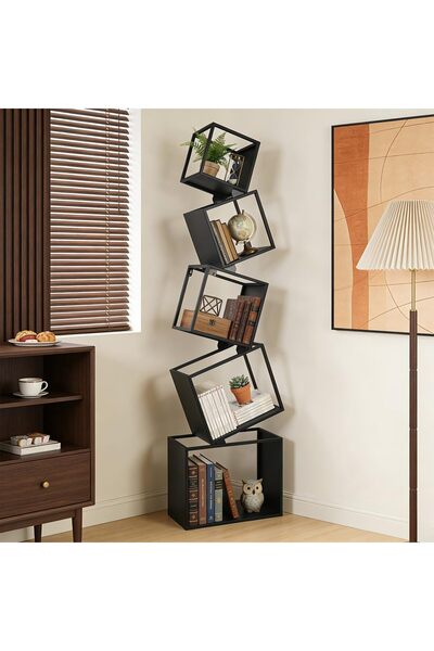 Generic 5-Tier Geometric Metal Bookshelf, 170cm Tall Black Modern Corner Stor...