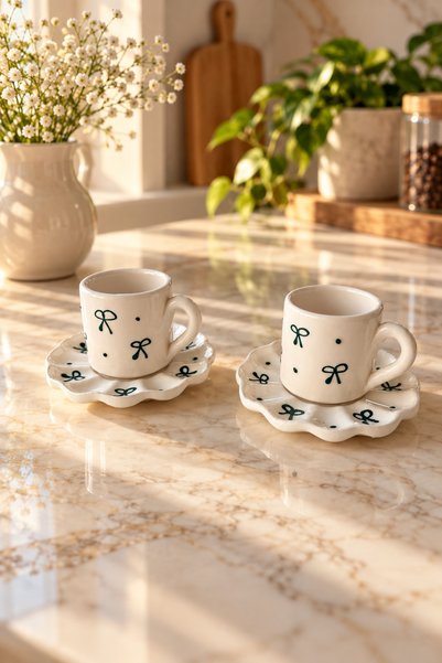 Trouvaille Ribbon Patterned 2-Person Ceramic Turkish Coffee Cup Set 4-Piece C...