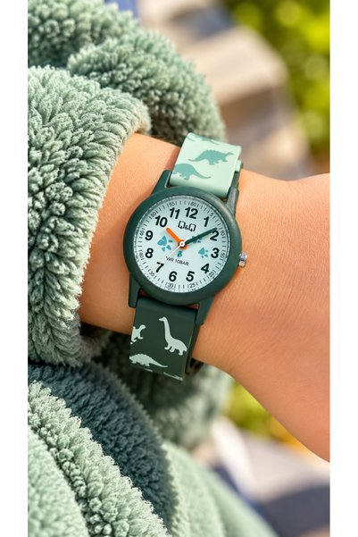 Q&Q Dinosaur Patterned-10 Atm Pool Sea Use-Green Silicone Cord Numbered Children's Wristwatch+Bracelet