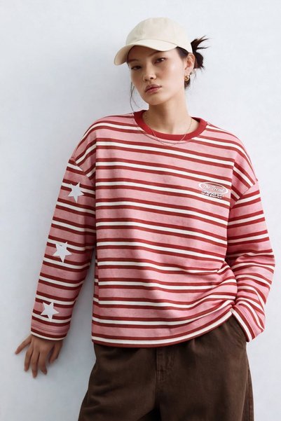 BARRELS AND OIL Kadın Lab arka Baskılı Çizgili Sweatshirt - Pembe/Kırmızı