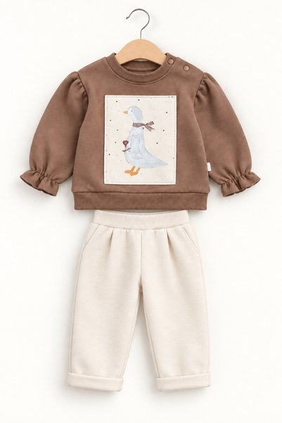 Mono Kids Kız Bebek Kaz Baskılı Kahverengi İkili Eşofman Takımı 9–24 Ay