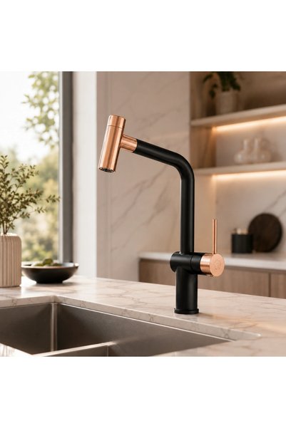 Wonderful-kitchens خلاط مطبخ F014 بلون أسود مطفي وذهبي وردي |   رواء المطابيخ