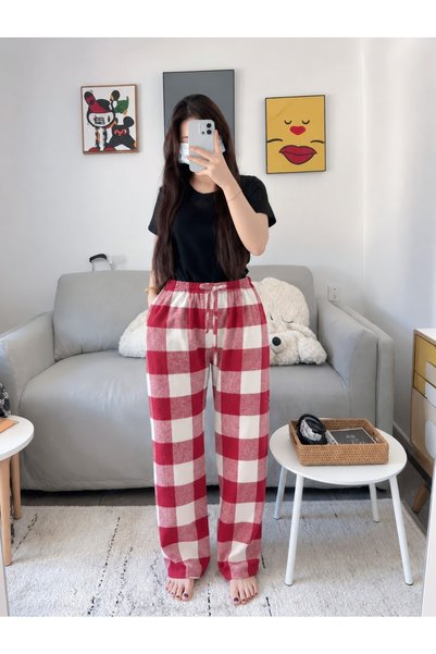 gökevim Unisex Plaid Patterned Fleece Pajama Bottoms Without Pockets Elastic Waist Comfortable Cut