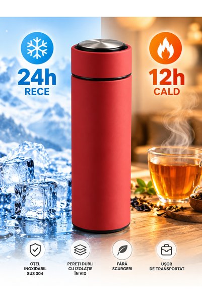 OEM Termos Cafea si Ceai 450 ml, Inox SUS 304, cu Sita pentru Ceai, Pereti Dubli, Izolatie Termica 24h Rece / 12h Cald, Rosu