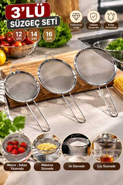 LOVYCO 3-Piece Strainer Set 12 cm 14 cm 16 cm – Kitchen Strainer, Tea Flour Pasta Fruit Vegetable Strainer