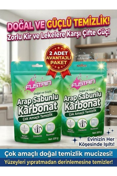 FUSTAIN Arap Sabunlu Karbonat 2'li Set 500 g x 2 – Çok Amaçlı Ev Temizliği, M...