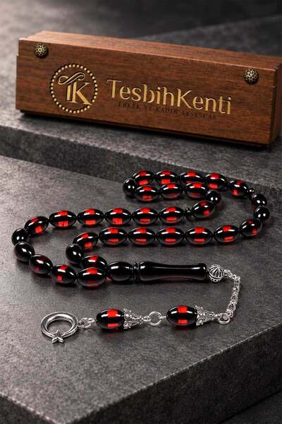 TESBİHKENTİ Güzel Çekimli Kırmızı Sürmeli Toz Kehribar Tesbih