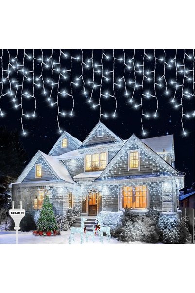 GREATON Lumini de Crăciun tip țurțuri, 25m, 500 LED-uri, Efect de franjuri curgătoare, Pentru interior/exterior, Cablu transparent, 8 moduri de iluminare, Interconectabile, Impermeabile, Alb rece