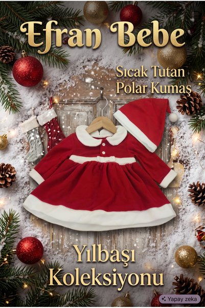 Efran Bebe Kız Bebek Yılbaşı Kostümü, Şapkalı Kırmızı Noel Baba Bebek Elbisesi Seti