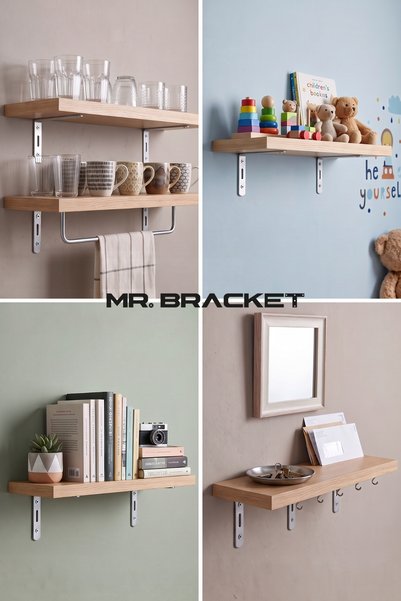 MR.BRACKET 6x9cm- 4 ad. Gümüş Modern Çelik Raf Altı Ayak - Metal Raf Tutucu L Demir Duvar Montaj Destek Aparatı