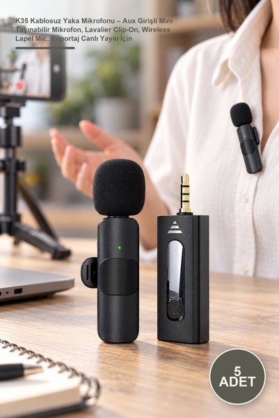 Yenilig 5 Adet K35 Kablosuz Yaka Mikrofonu – Aux Girişli Mini Taşınabilir Mikrofon, Lavalier Clip-On, Wireless Lapel Mic, Röportaj Canlı Yayın İçin
