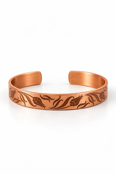 AYDESİA Tulip Flower Patterned Pure Copper Women's Bracelet Elegant Floral Motif Embossed Copper Jewelry Daily Use Stylish Design