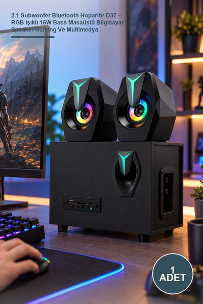 Yenilig 1 Adet 2.1 Subwoofer Bluetooth Hoparlör D37 – RGB Işıklı 16W Bass Masaüstü Bilgisayar Speaker Gaming Ve Multimedya