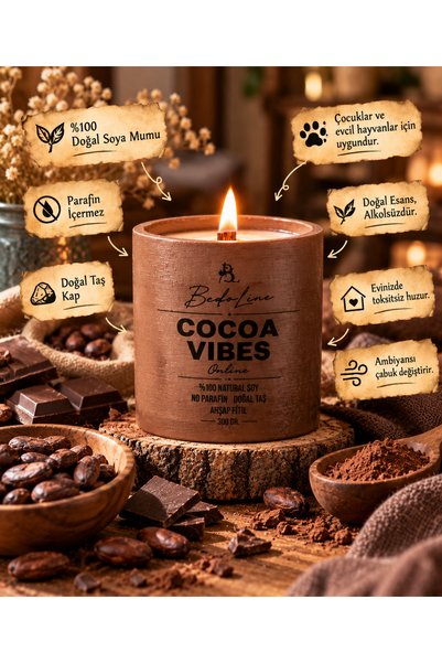 Kakao kokulu taş saksı %100 doğal soya mumu Parafinsiz ve Ahşap fitilli dekoratif mum - 300 gr.