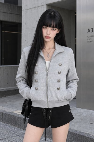 DEEFWEAR Detaliu cu nasturi Tendință militară Streetwear Cardigan cu fermoar/...