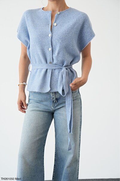 Lupies Women's Short Sleeve Belted Detailed Buttoned Knitwear Cardigan