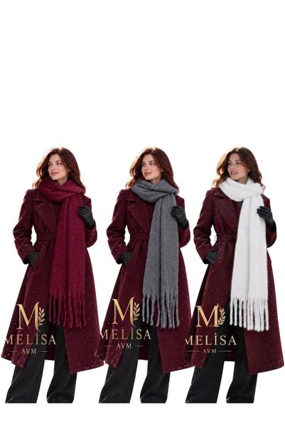 MELİSA AVM 3 قطع من وشاح بوكلت الناعم باللون العنابي-الأنثراسيت-الأبيض