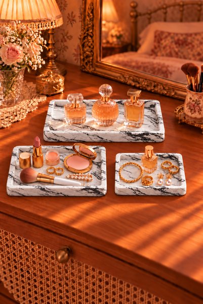 Zigzag Home مجموعة صواني مزخرفة من 3 قطع من الرخام الأسود بنمط مستطيل، طبق عرض، طبق مجوهرات، طقم أطباق متعددة الأغراض للتنظيم