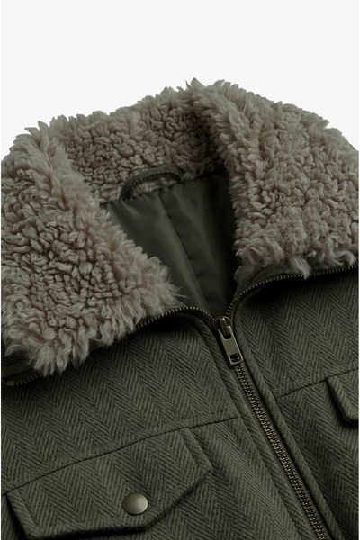 Havoş Khaki Fur Collar Herringbone Pattern Coat