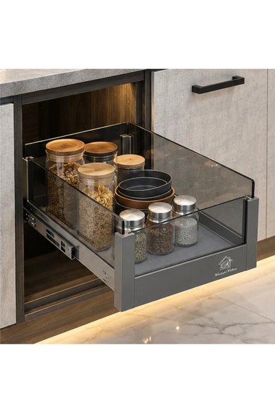 Wonderful-kitchens سلة زجاجية قابلة للسحب للمطبخ PB-GL-400 - مناسبة لخزانة بع...